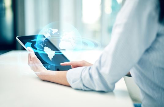 business, technology, communication and people concept - close up of woman with tablet pc computer and globe hologram at office or home