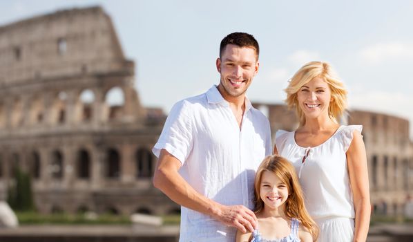 summer holidays, travel, tourism and people concept - happy family in rome over coliseum background