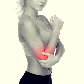 healthcare, fitness and medicine - sporty woman with pain in elbow