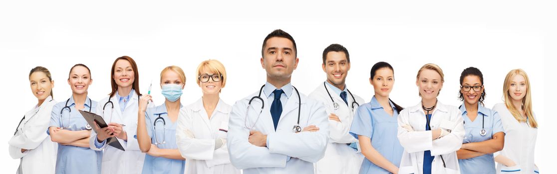 healthcare, profession, people and medicine concept - group of medics with stethoscopes