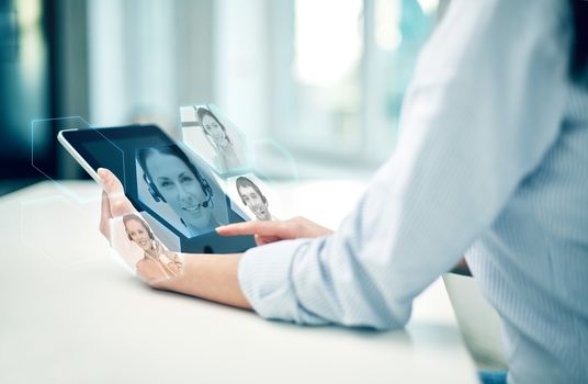 business, technology, communication and people concept - close up of woman holding tablet pc computer and having video chat with helpline operator at office or home