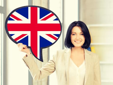 education, fogeign language, english, people and communication concept - smiling woman holding text bubble of british flag