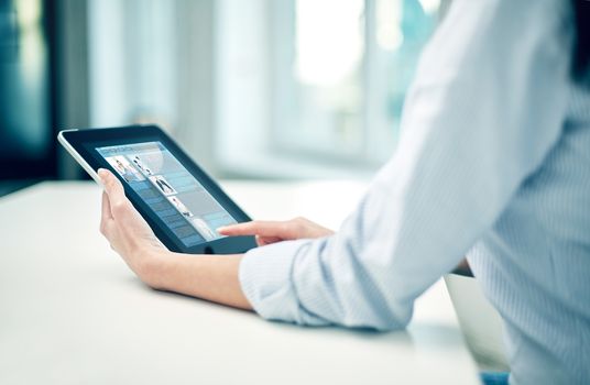 business, technology, communication and people concept - close up of woman with tablet pc computer networking at office or home