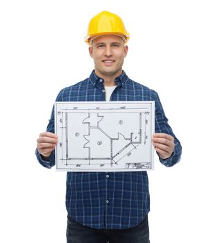 repair, construction, building, people and maintenance concept - smiling male builder or manual worker in helmet showing blueprint