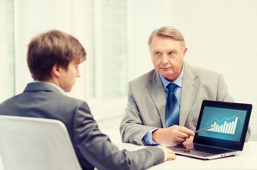 business, advertisement, technology and office concept - older man and young man with laptop computer in office