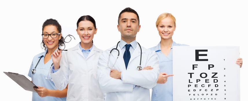 healthcare, eyesight, ophthalmology, people and medicine concept - group of doctors with eye chart and glasses