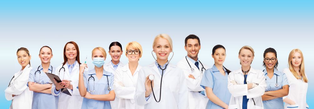 medicine and healthcare concept - team or group of female doctors and nurses