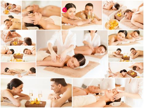 health and beauty, resort and relaxation concept - collage of many pictures with happy family couple in spa salon getting massage