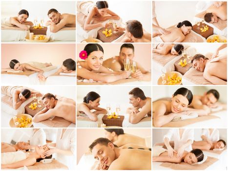 health and beauty, resort and relaxation concept - collage of many pictures with happy family couple in spa salon getting massage