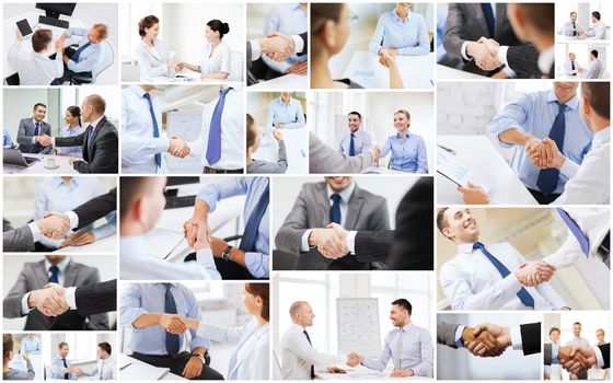 business deal and office concept - collage with many different people shaking hands in office