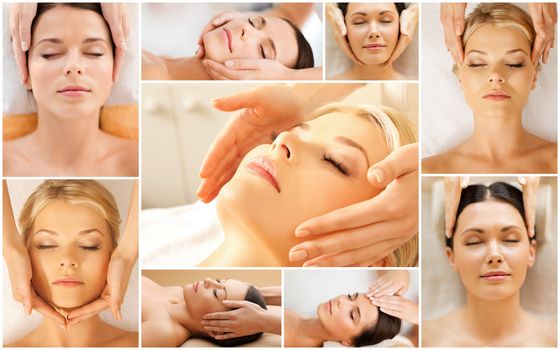 beauty, healthy lifestyle and relaxation concept - collage of many pictures with beautiful young women having facial treatment in spa salon