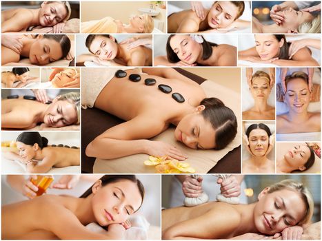 beauty, healthy lifestyle and relaxation concept - collage of many pictures with beautiful young women having facial or body massage in spa salon