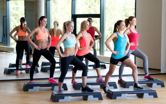 fitness, sport, training, gym and lifestyle concept - group of women working out with steppers in gym