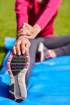 fitness, sport, training, people and lifestyle concept - close up of woman stretching leg on mat in park