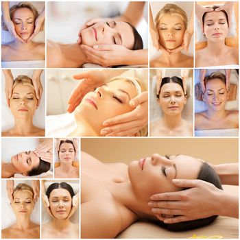 beauty, healthy lifestyle and relaxation concept - collage of many pictures with beautiful young women having facial or body massage in spa salon