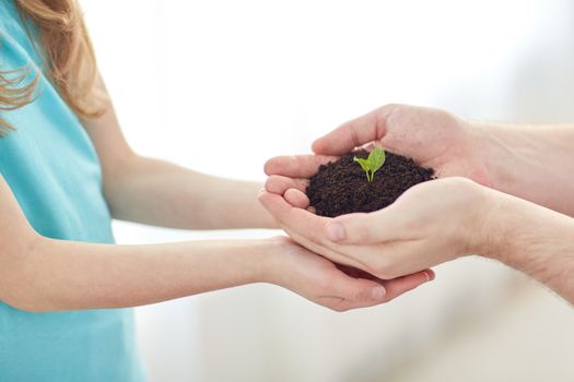 people, charity, family and care concept - close up of father and girl holding soil with green sprout in cupped hands at home
