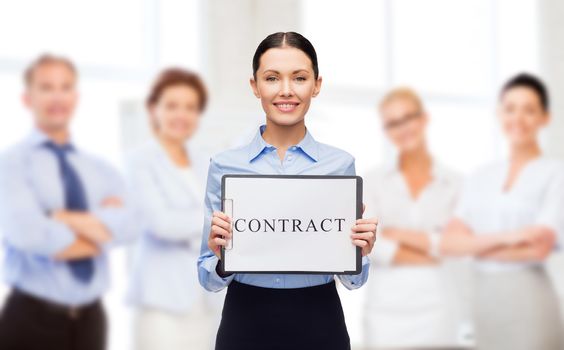 business, people, employment and law concept - young smiling businesswoman holding clipboard and contract over group of people background