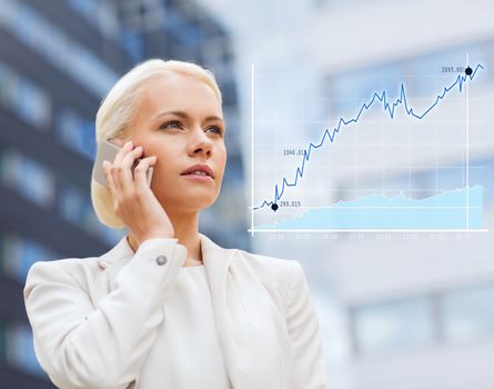 business, technology and people concept - serious businesswoman with smartphone talking over office building background