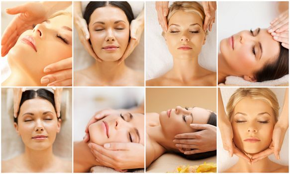 beauty, healthy lifestyle and relaxation concept - collage of many pictures with beautiful young women having facial treatment in spa salon