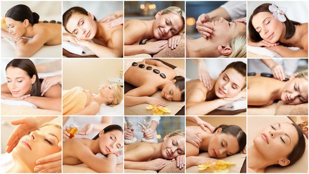 beauty, healthy lifestyle and relaxation concept - collage of many pictures with beautiful young women having facial or body massage in spa salon