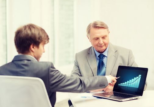 business, advertisement, technology and office concept - older man and young man with laptop computer in office
