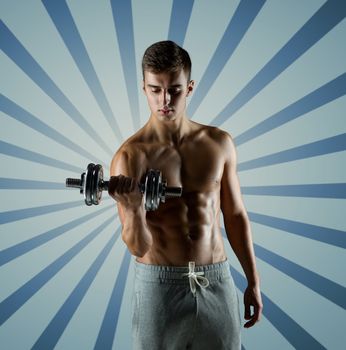 sport, fitness, weightlifting, bodybuilding and people concept - young man with dumbbell flexing biceps over blue burst rays background