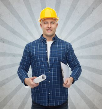repair, construction, building, people and maintenance concept - smiling male builder or manual worker in helmet with blueprint and clipboard over gray burst rays background
