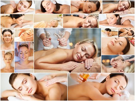 beauty, healthy lifestyle and relaxation concept - collage of many pictures with beautiful young women having facial or body massage in spa salon