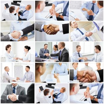 business deal and office concept - collage with many different people shaking hands in office
