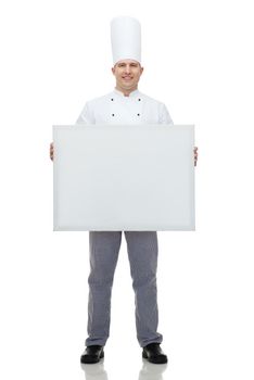 cooking, profession, advertisement and people concept - happy male chef cook holding and showing white blank big board