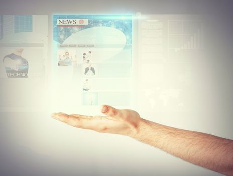 business, technology, internet and news concept - man with virtual screen reading news