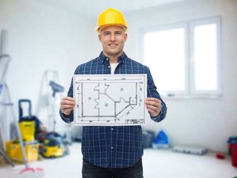 repair, construction, building, people and maintenance concept - smiling male builder or manual worker in helmet showing blueprint over room with work equipment background