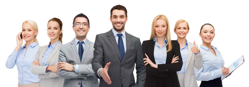 business, people, gesture and office concept - group of smiling businessmen showing thumbs up