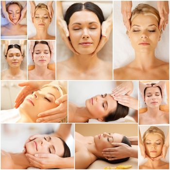 beauty, healthy lifestyle and relaxation concept - collage of many pictures with beautiful young women having facial treatment in spa salon