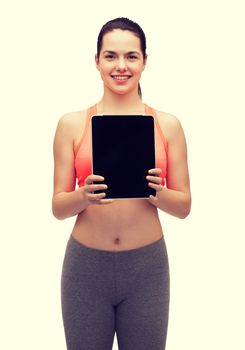 sport, excercise, technology, internet and healthcare - sporty woman with tablet pc blank screen