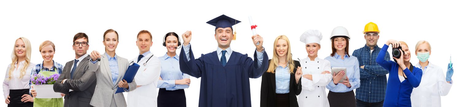 people, profession, education and success concept - happy bachelor with diploma over different workers behind