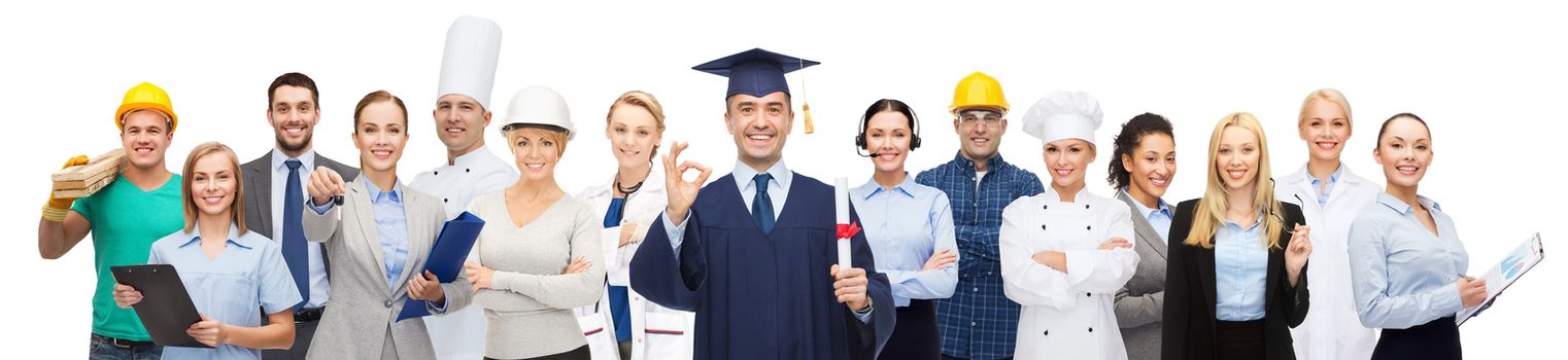 people, profession, education, gesture and success concept - happy bachelor with diploma showing ok sign over different workers behind