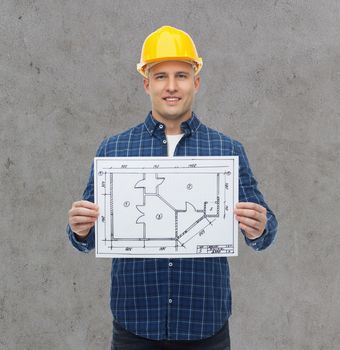 repair, construction, building, people and maintenance concept - smiling male builder or manual worker in helmet with blueprint over gray concrete wall background