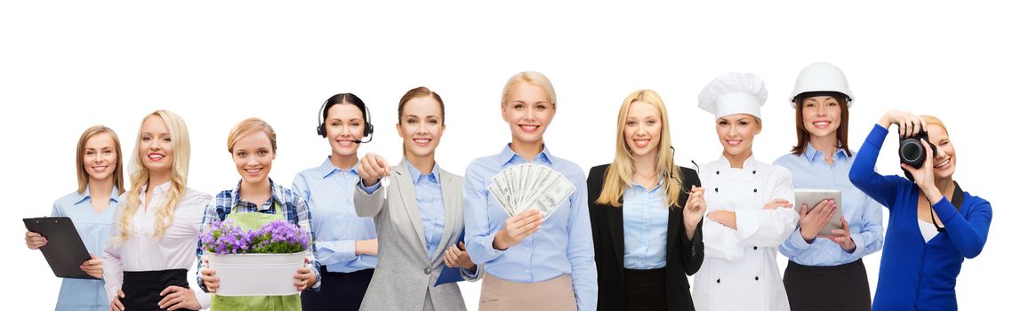 people, profession, employment, compensation and finances concept - happy businesswoman holding dollar money over group of professional workers