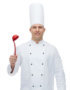 cooking, profession and people concept - happy male chef cook holding ladle