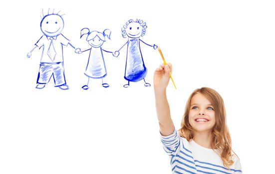 education, school and imaginary screen concept - cute little girl drawing with brush family portrait