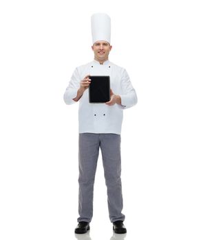 cooking, profession and people concept - happy male chef cook showing tablet pc computer black blank screen