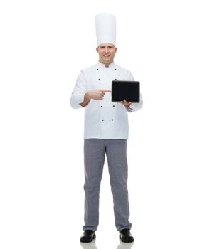 cooking, profession and people concept - happy male chef cook showing tablet pc computer black blank screen