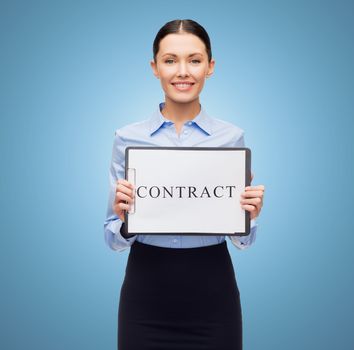 business, people, employment and law concept - young smiling businesswoman holding clipboard and contract over blue background