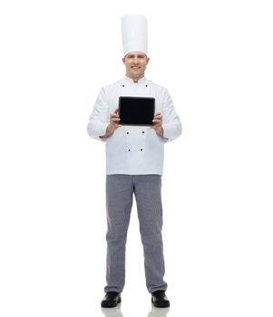 cooking, profession and people concept - happy male chef cook showing tablet pc computer black blank screen