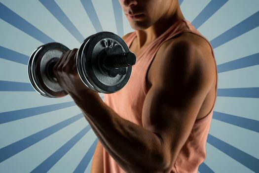 sport, fitness, weightlifting, bodybuilding and people concept - close up of young man with dumbbell flexing biceps over blue burst rays background