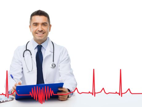 medicine, profession, technology and people concept - happy male doctor with clipboard and stethoscope over red cardiogram pattern