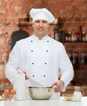 cooking, profession, haute cuisine, food and people concept - happy male chef cook baking over kitchen background