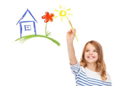 education, school and imaginary screen concept - cute little girl drawing house with brush