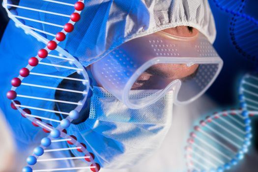 science, chemistry, biology, medicine and people concept - close up of scientist face in goggles and protective mask at chemical laboratory